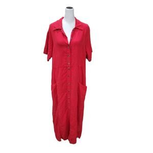 Vintage‎ CLICK Linen Midi Dress Women's Small Red Button Down Pockets USA Summer